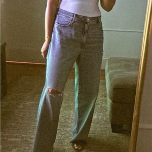 Express Light Blue Distressed Wide Leg Jeans